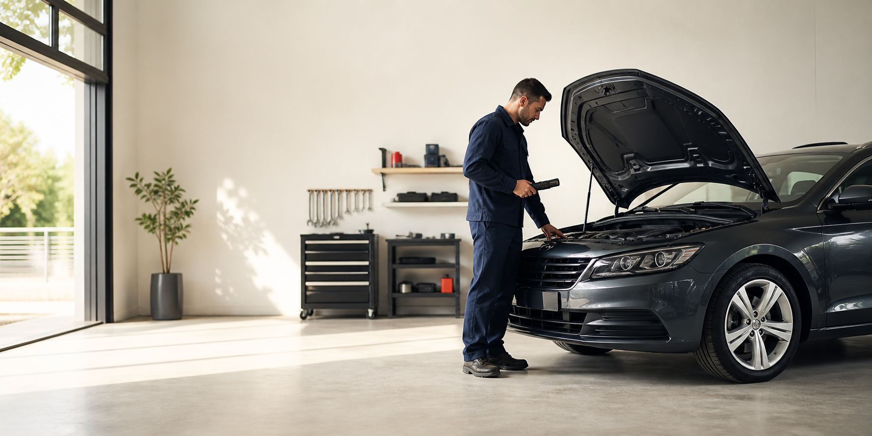 Profissional de serviços automotivos ao lado de um veículo em uma oficina organizada